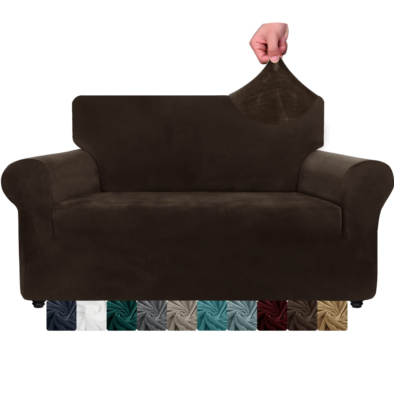 CHELZEN Velvet Couch Covers 2 Seater Thick Stretch Sofa Covers for Dogs Pets Non-Slip Love Seat Couch Slipcover Washable Furniture Protector for Living Room (2 Seater, Dark Coffee) — image 1