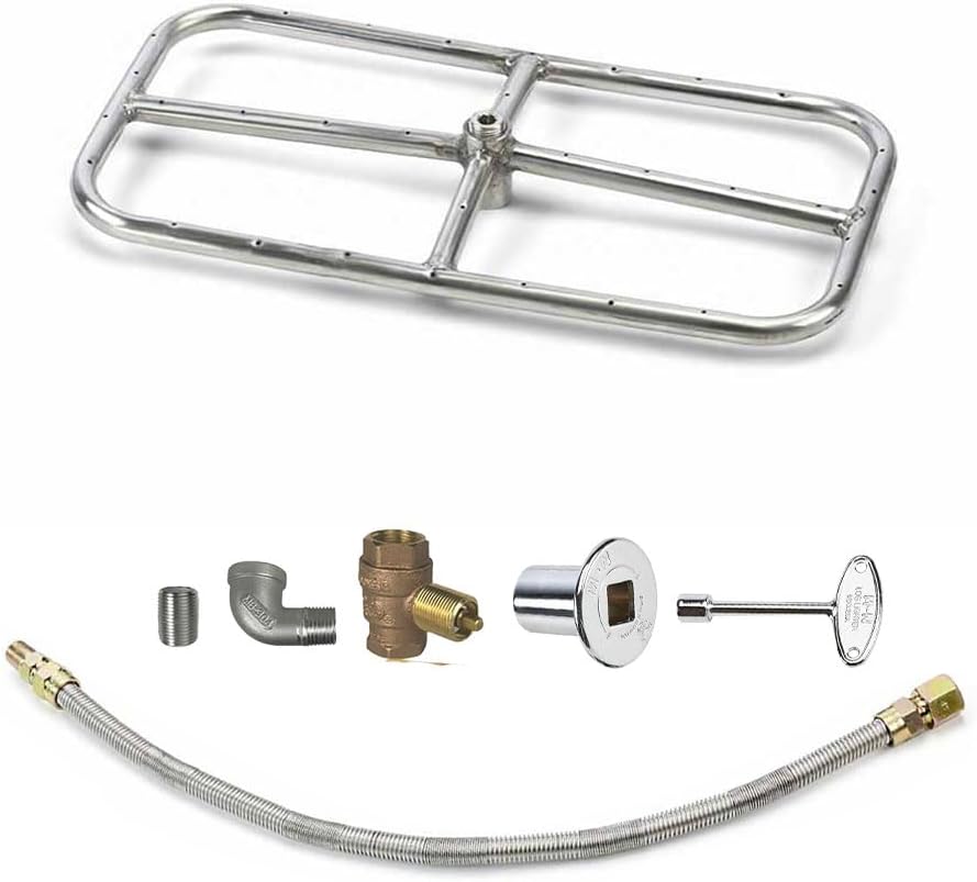 HPC Rectangle Match Lit Fire Pit Burner Kit (FPSR18X9KIT-NG-MSCB) with 18x9-Inch Stainless Steel Burner, Natural Gas, Polished Chrome, with Flange, Key, Valve, Flex Line and Fittings