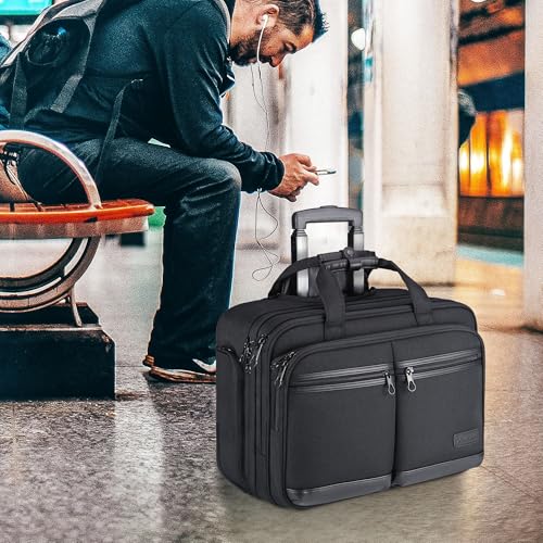 KROSER Rolling Laptop Bag Premium Rolling Briefcase Fits Up to 17.3 Inch Laptop Overnight Computer Bag with RFID Pockets for Travel/Business/Men/Women-Black