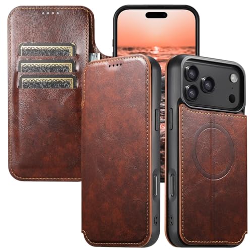 Étui portefeuille iPhone 17 anti-perte de cartes avec béquille et fermeture magnétique laiton