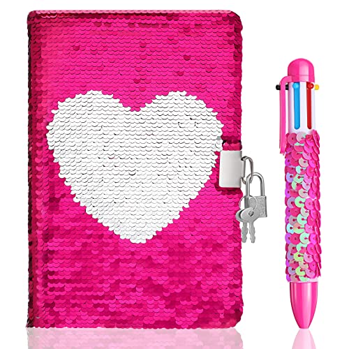 Journal intime A5 réversible à paillettes rose rouge avec un cadenas et stylos