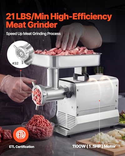 Image of VEVOR Commercial Meat Grinder, 21 Lbs /Min Capacity, #32 Electric Meat Mincer with 3 Plates, 3 Sausage Stuff Tubes, 1100W /1.5HP Stainless Steel Sausage Maker for Home Kitchens & Restaurants, ETL Listed