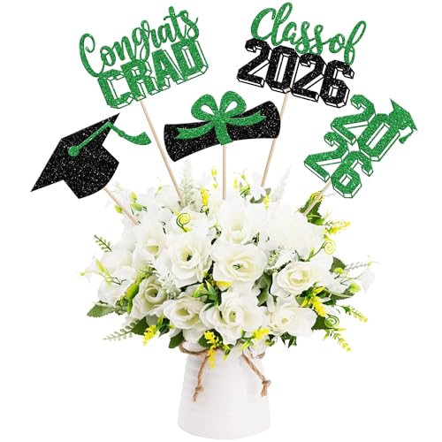 15 PCS 2026 Graduation Centerpiece Sticks Assembled Glitter Class of 2026 Table Centerpieces Diploma Congrats Grad Cap Flower Decorations for 2026 Graduation Theme Party Centerpieces Supplies Green