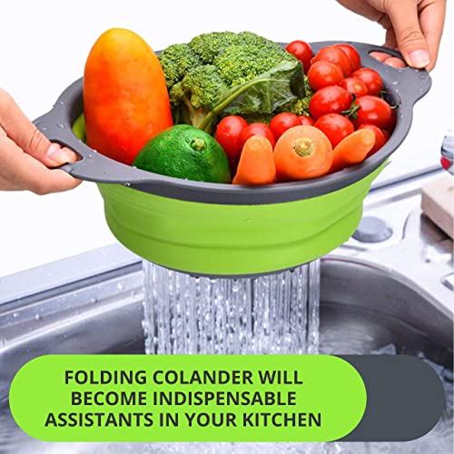 1Pcs Collapsible Colander With Plastic Handles Round Silicone Kitchen Strainers Foldable Kitchen Strainer Perfect For Draining Pasta Vegetable And Fruit Green #TOP5