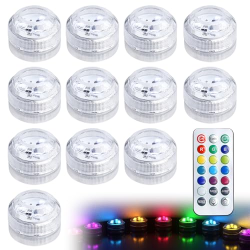 Lot de 12 Mini Lumières LED Submersible, 3,0*3,0*2,2cm Lampe sous-Marines Étanche RGB, Multicolore LED Eéclairage Bassin, Lumière Submersible en Plusieurs...