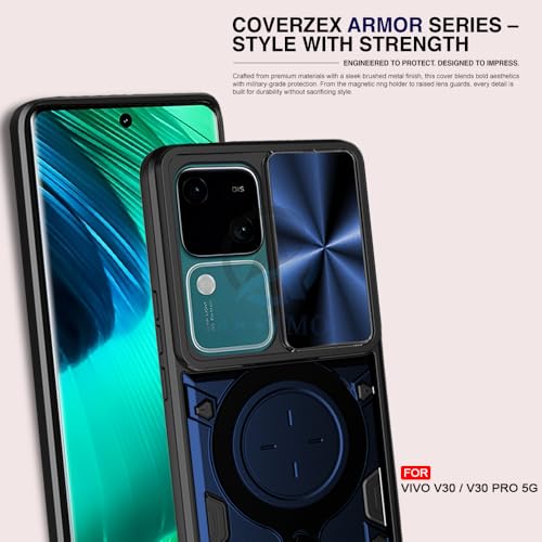 Image of AESTMO Armor Vivo V30 / V30 Pro 5G Bumper Back Case Cover | Ring Holder & CD Pattern Sliding Camera Shutter Cover | 360 Degree Protection Back Case Cover for Vivo V30 / V30 Pro 5G (Blue)
