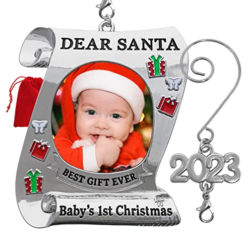 Banberry Designs Baby's First Christmas Keepsake Photo Ornament - 2023 Dated Ornament For Newborn - Dear Santa Picture Holder - Baby 1St - Gift/Storage Bag Included #TOP1