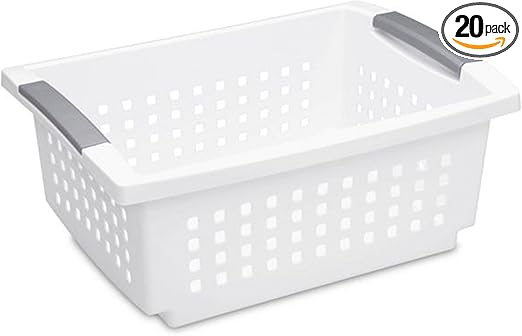 Sterilite Stackable Storage Bin and Organization Basket with Flip Down Accent Rails for Home and Household Organization, Medium, White (20 Pack)