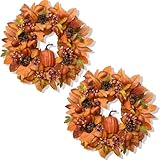BLEUM CADE Fall Decor Fall Wreath-Fall Wreaths for Front Door, 18 Inch Autumn Wreath for Outside Porch Decoration, Wreath for Fall Outdoor Indoor Home Decoration, 2 Pack, Orange