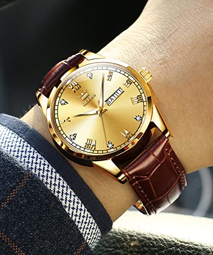 Image of OLEVS Brown Mens Leather Watch Dress Casual Day Date Quartz Wrist Watch