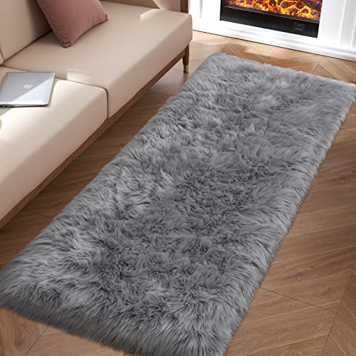 Grey Fluffy Rug for Bedroom, 2'X6' Faux Fur Rug for