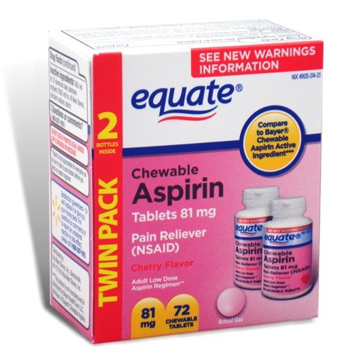 Equate Aspirin 81 mg, Low Dose, Cherry Flavor, 72 Chewable Tablets to Bayer Children
