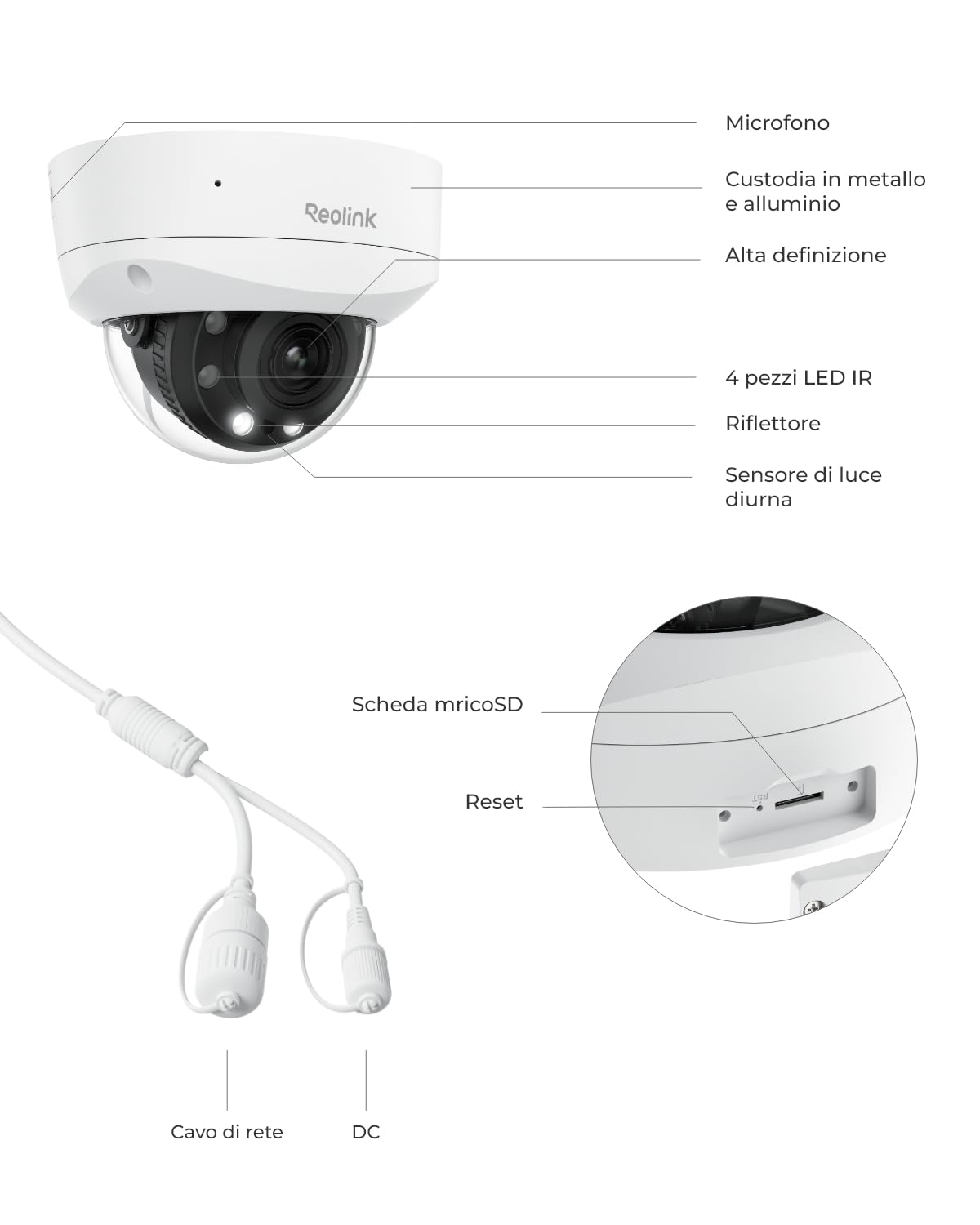 Reolink 4K PoE Telecamera Esterno, 5X Zoom Ottico, IK10 Antivandalo, Audio Bidirezionale, Faretti per Visione Notturna a Colori, Rilevamento di Persona/Veicolo/Animale, Time-Lapse, RLC-843A