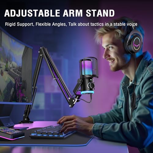FIFINE Microfone de streaming USB AM6T para jogos de PC, microfone condensador profissional com RGB,