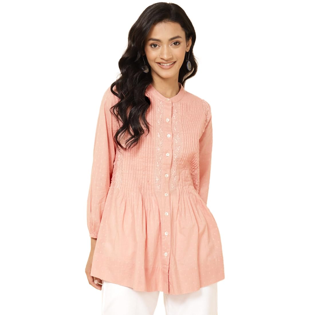 Fabindia Women's Embroidered Comfort Fit Tunic (2108839Peach_Peach