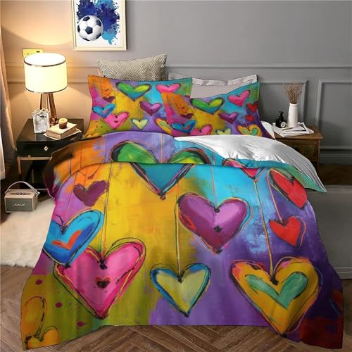 Parure de lit 3D imprimée cœurs colorés en microfibre résistante avec fermeture éclair - 6