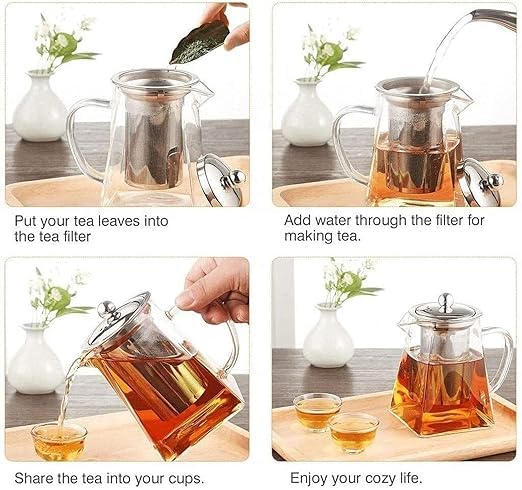 Image of Glass Teapot with Stainless Steel Infuser & Lid, Borosilicate Glass Tea Kettle Stovetop Safe, Blooming & Loose Leaf Teapot,Glass Square Pot (750ML /26oz) (Square)