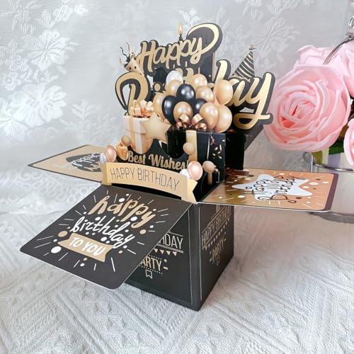 Festive 3D Pop-up Birthday Card Set: Black and Golden Design, Perfect for Him or Her - Includes 2 Cards and 1 Envelope