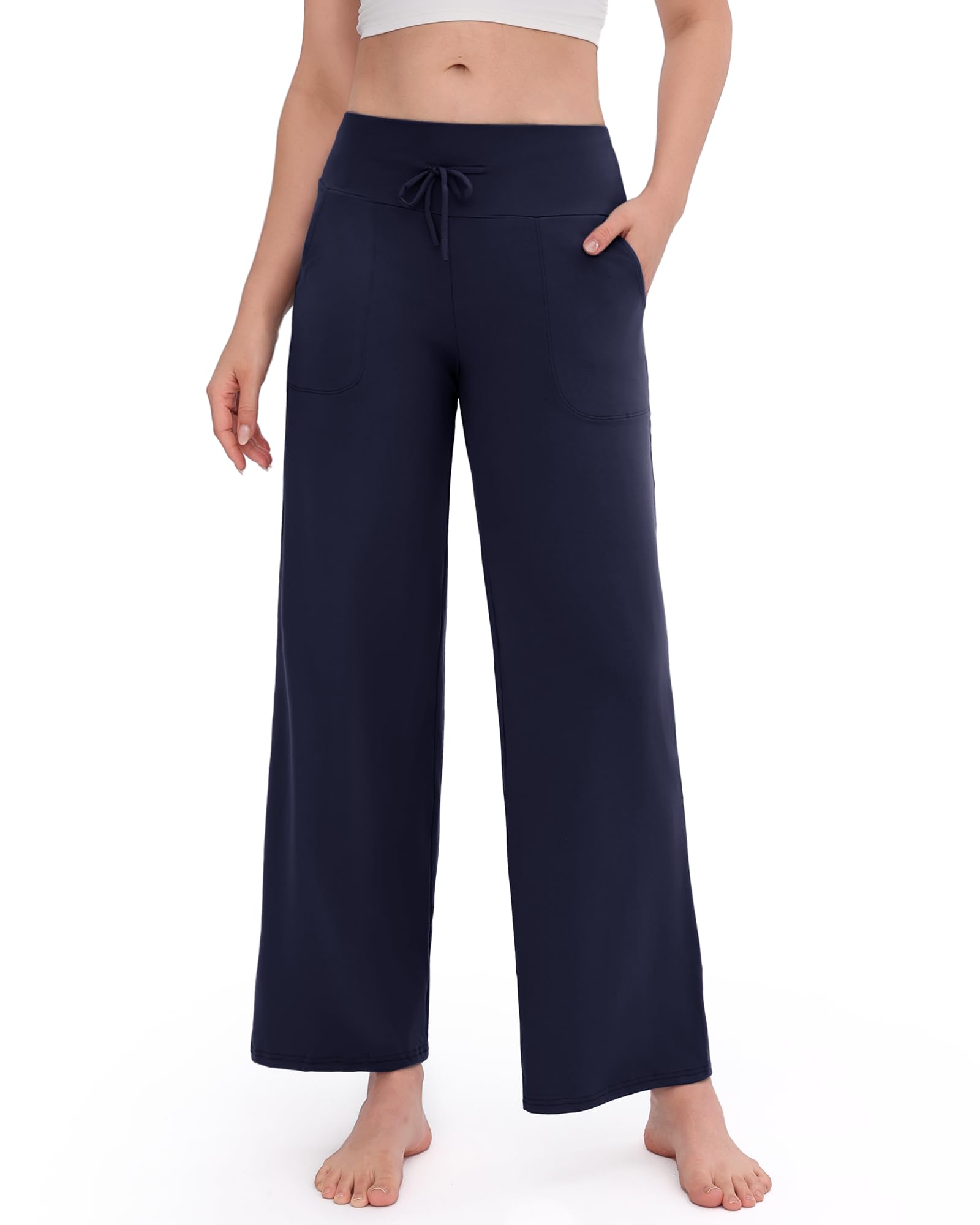 ZOOSIXXSoft Black Pajama Pants for Women, Wide Leg Comfy Casual Lounge Yoga Capri Pants 22'' / 30'', Navy, Medium