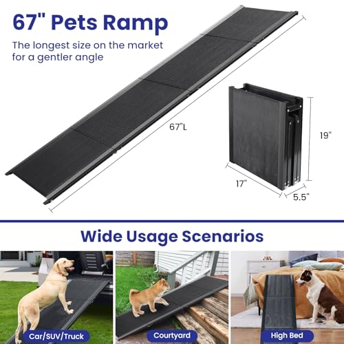 Dog Ramp for Car, 67\'\'x 17\'\' Extra Long Folding Dog Ramp, Pet Ramp for Large Dogs with Non-Slip Rug Surface, Portable Dog Steps Up to 250LBS, Outdoor Dog Ramp for Car, High Bed Couch