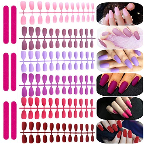 editTime 6sets/144pcs Solid Colors Matte Acrylic Ballerina Coffin False Nails Full Cover Fake Nails Tips Natural Medium False Nail with 6pcs Nail Files