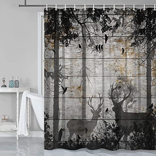 Grtuspr Rustic Deer Shower Curtain, Farmhouse Cabin Shower Curtain Set Accessories, Misty Forest On Country Cottage Vintage Grey Woodland Barn Board Bathroom Decor With Hooks, 69X70In #TOP2