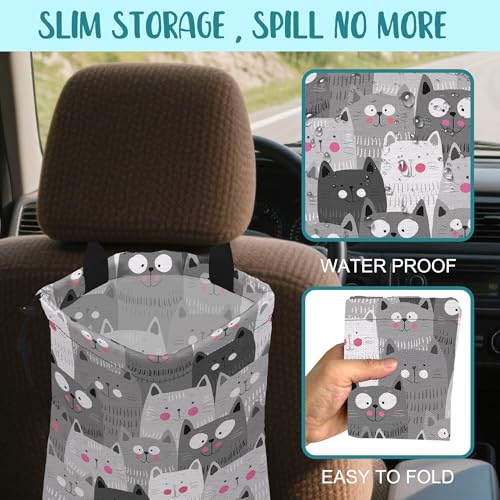 Image of Car Garbage Bag Cute Grey Cats Drawstring Car Trash Bag Hanging for Back Seat with Adjustable Buckle Canvas Vehicle Trash Can Easy-to-Install