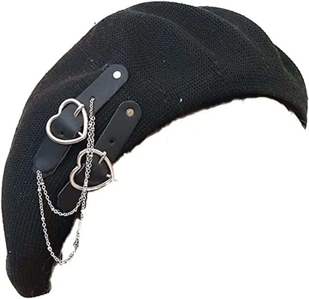 Sweet Lolita Beret Cap for Women Gothic Summer Breathable Cool JK Heart Buckle Beanie with Chain