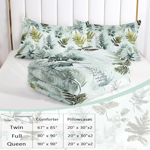 Image of AILONEN Queen Size Comforter Set, Nature Botanical Leaf Green Bedding with 2 Pillowcases, 3-Piece Soft Microfiber