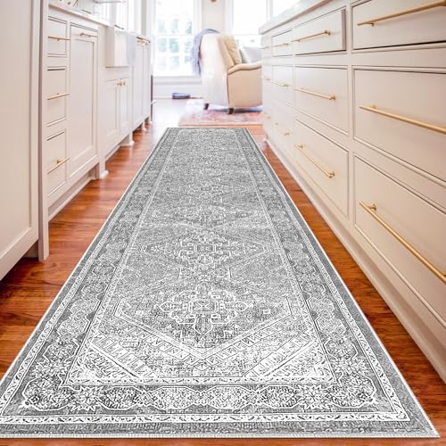 KUTA Oriental Washable Runner Rug Grey, 2x10 Non-Slip Vintage Hallway Kitchen Rugs Ultra Soft Printed Distressed Tribal Floor Carpet Runners for Bedroom Living Room Playroom