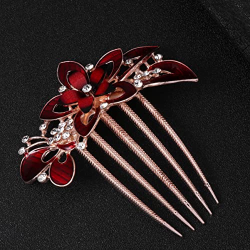 Lurrose Flower Hair Comb Crystal Rhinestone Bride Wedding Hair Comb Clips Retro Hair Side Comb Flower Hairpins Headpiece For Women Wedding Prom ( Red ) #TOP6