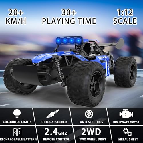Image of RC Monster Truck for Kids 4-8 Years, 1:12 Scale Fast Remote Control Car 25KM /H High Speed Off Road 4WD RC Car with Alloy Body, LED Lights, 2.4GHz Big Wheel Racing Toy Gift for Boys Girls. (1:12)