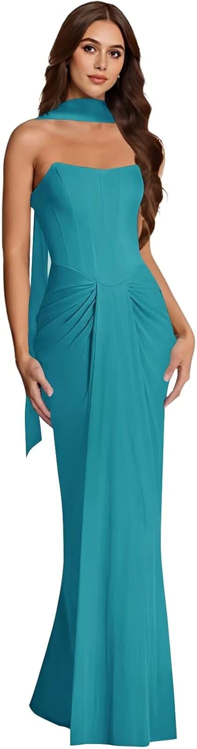 Bedlover Chiffon Bridesmaid Dresses with Scarf 2026 Strapless Maxi Formal Evening Party Gowns