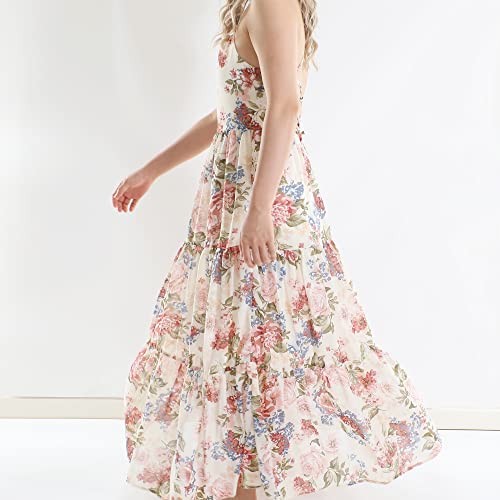 Flofallzique Girls Maxi Dress Summer Spaghetti Strap Long Birthday Party Kids Floral Boho Sundress(6, Cream) #TOP3