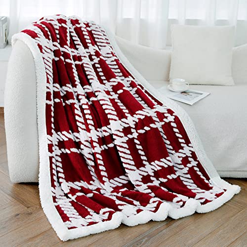 Sherpa Fleece Blanket Throw Size Fuzzy Soft Bed Blanket Dual Sided Throw Blanket fit Couch Sofa Thick Blanket Plush Warm Blanket Cozy Blanket Microfiber, Wine Stripe Pattern