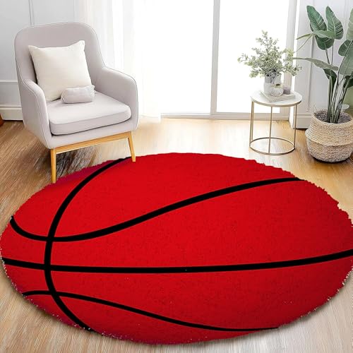 Image of Modern Shaggy Round Rug | Ultra-Soft Plush Circle Carpet for Living Room, Bedroom, Nursery | Fuzzy, Fluffy Area Rug with Non-Slip Base Red Ball 6x6 feet