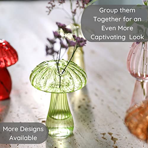 Mushroom Flower Vase - Small Vases For Table Decoration In Green - Bud Vase For Single Stem Flowers - Cute Glass Hydroponic - Stunning Design - Perfect For Foragers #TOP6