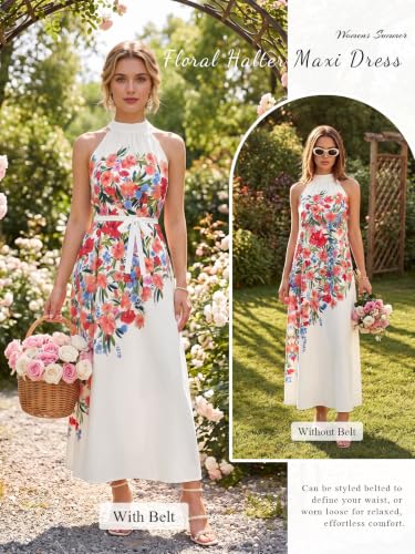 Womens Summer Floral Maxi Dress Halter Neck Sleeveless Sundresses Beach Vacation Wedding Guest Flowy Long Dresses with Belt White — view 4