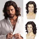 DDHAIR Long Hair Wig for Men Men's Brown Wig Natural Wavy Curly 70s 80s Rocker Cosplay Synthetic Wigs for Halloween Accessory(Brown)
