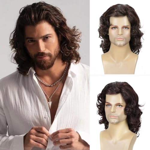 DDHAIR Long Hair Wig for Men Mens Brown Wig Natural Wavy Curly 70s 80s Rocker Cosplay Synthetic Wigs for Halloween Accessory(Brown)