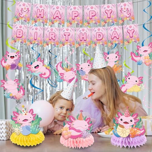 Image of Axolotl Birthday Party Decorations, 15PCS Axolotl Theme Birthday Banners Hanging Swirl Honeycomb Centerpieces, Cute Salamander Party Decor Kids Girls