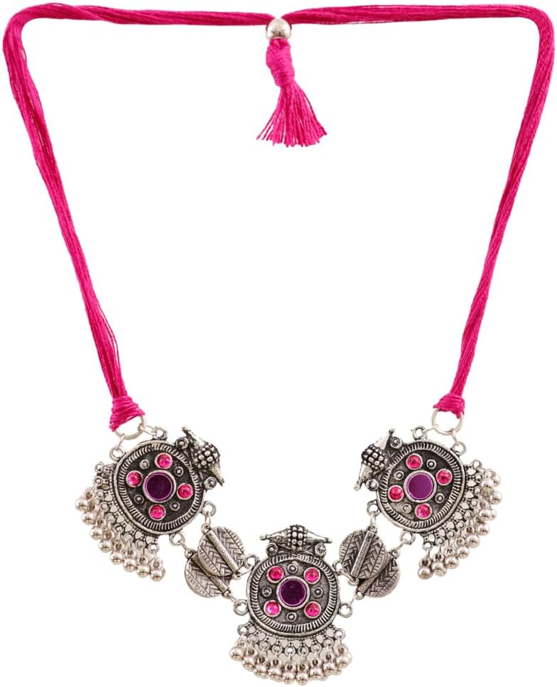 University TrendzOxidised Silver Boho Mirror Choker Necklace for Women & Girl's