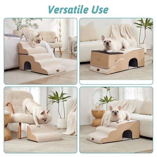 Image of COZY KISS Dog Stairs,with condo,22.4 inch H 5 Steps for Bed,Beige | 5-step dog stairs for Old Cats, Puppy, Small Dogs,Non-Slip Base,for Couch & Bed, 17.7x33x22.4