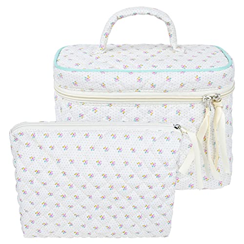 Olgaa 2 Pcs Cotton Quilted Makeup Bag Coquette Cosmetic Bag Floral Travel Toiletry Bag Kawaii Aesthetic Cute Makeup Pouch Multifunction Storage Bag For Women Girls Preppy Stuff #TOP7