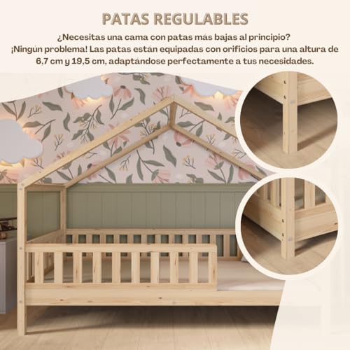 Miniatura 5 de Crazy Pine Cama Montessori En Forma De Casa 190x100 Cm - Cama Infantil Con Protección Contra Caídas 31,5cm - Camas Infantiles Niños Y Niñas - Madera Natural