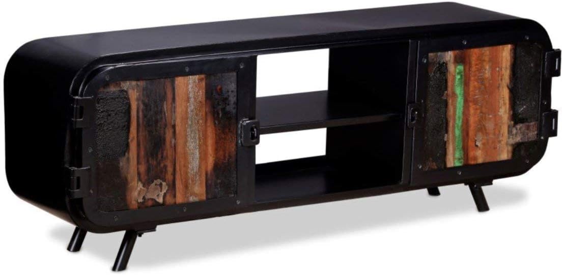 Industrial TV Stand Vintage Rustic Cabinet Large Wooden Furniture Metal Leg Unit Solid Reclaimed Wood Cupboard 2 Door Storage Sideboard Black Retro Urban Indian Style Living Room Home Media Shelf