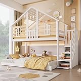 Moimhear Etagenbett, Holzbett, 90x200cm+140x200cm, Hausdesignx Fenstergestaltun, Ablageleiter, Ohne Matratze, Weiß+Natur, Kiefernholz + MDF + Plywood