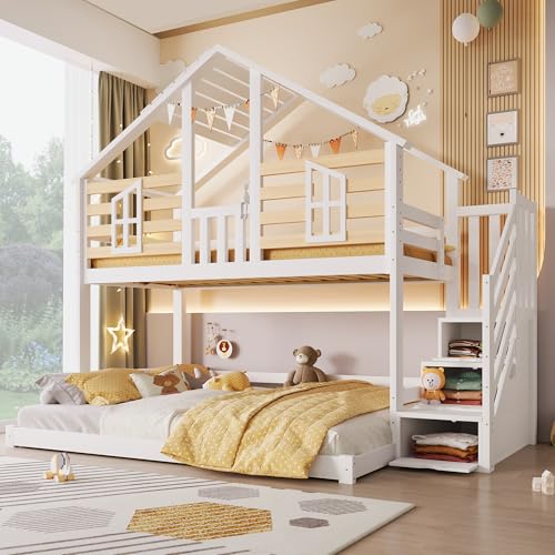 Ktipm Litera de 90(140)x200 cm con Diseño de Techo y Escalera Almacenaje, Cama Infantil Literas para 2 Personas, Cama Litera Matrimonio con Ventana y Protección Anticaída, Sin Colchón, Blanco+Natural