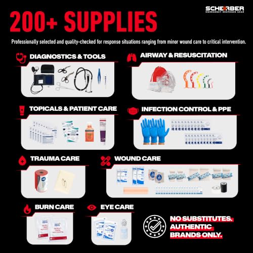 Scherber First Responder Fully-Stocked Professional Essentials EMT/EMS Trauma Kit | HSA/FSA Approved | Reflective Bag w/8 Zippered Pockets & Compartments & 200+ First Aid Supplies - Red - Image 4