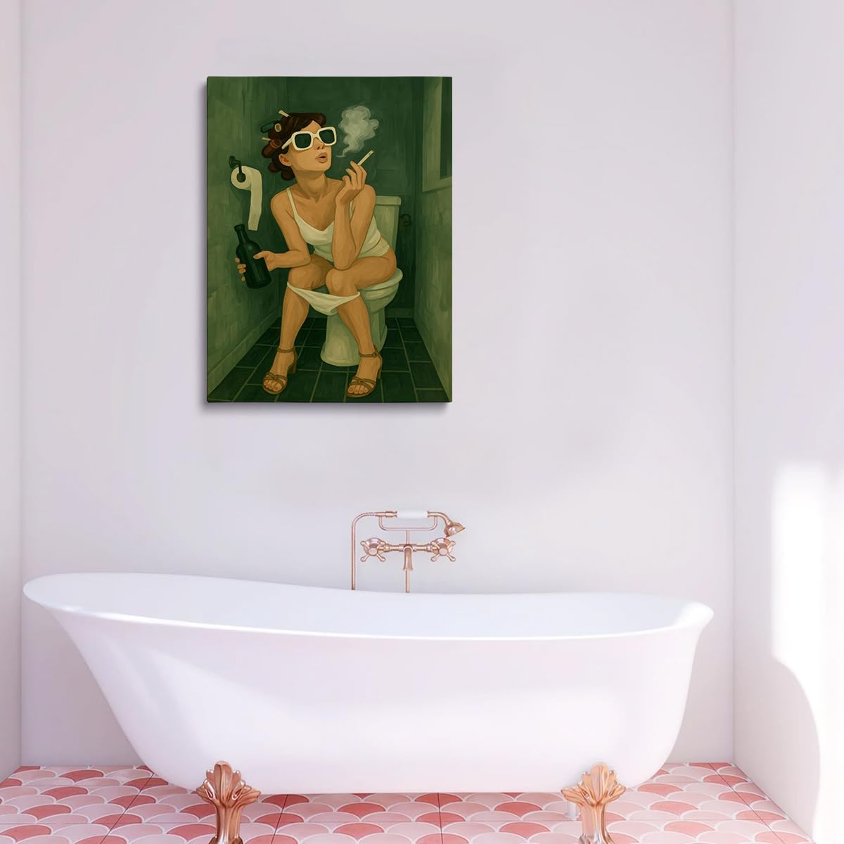 Funny Bathroom Wall Art, Retro Glam Poster, Feminine Green Bathroom Decor, Vintage Woman Smoking Print, Quirky Restroom Artwork, Funny Toilet Wall Decor 16x20in Wood Frame